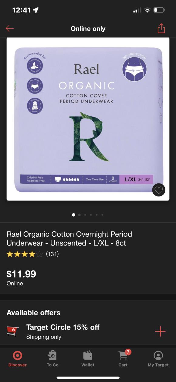 Rael Organic Cotton Overnight Period Underwear - Unscented - L/XL - 8ct