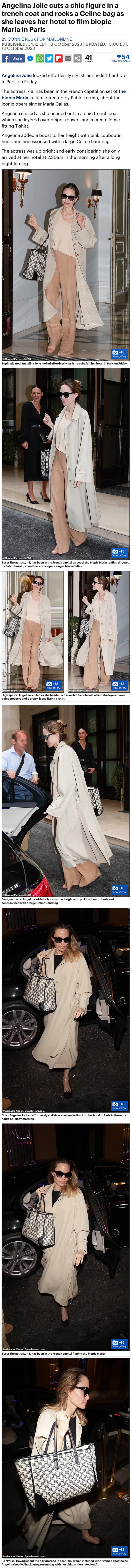 Angelina Jolie cuts a chic figure in a trench coat and rocks a Celine bag  as she leaves her hotel to film biopic Maria in Paris