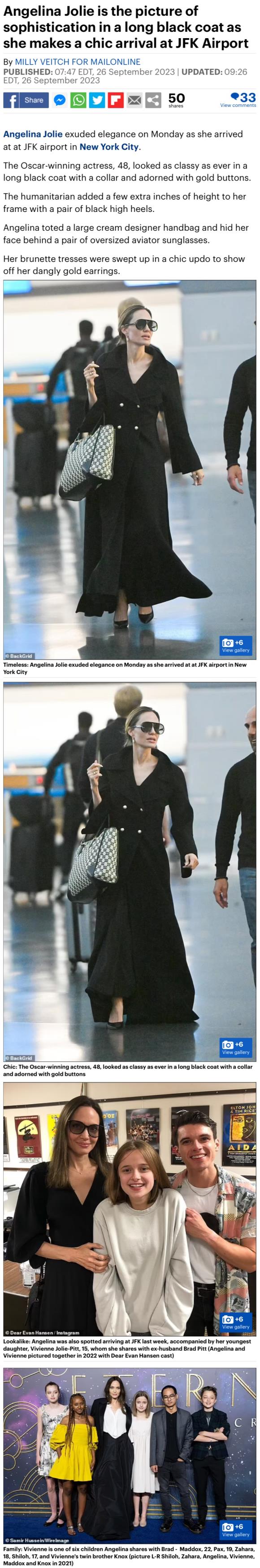 Angelina Jolie is the picture of sophistication in a long black coat as she  makes a chic arrival at JFK Airport